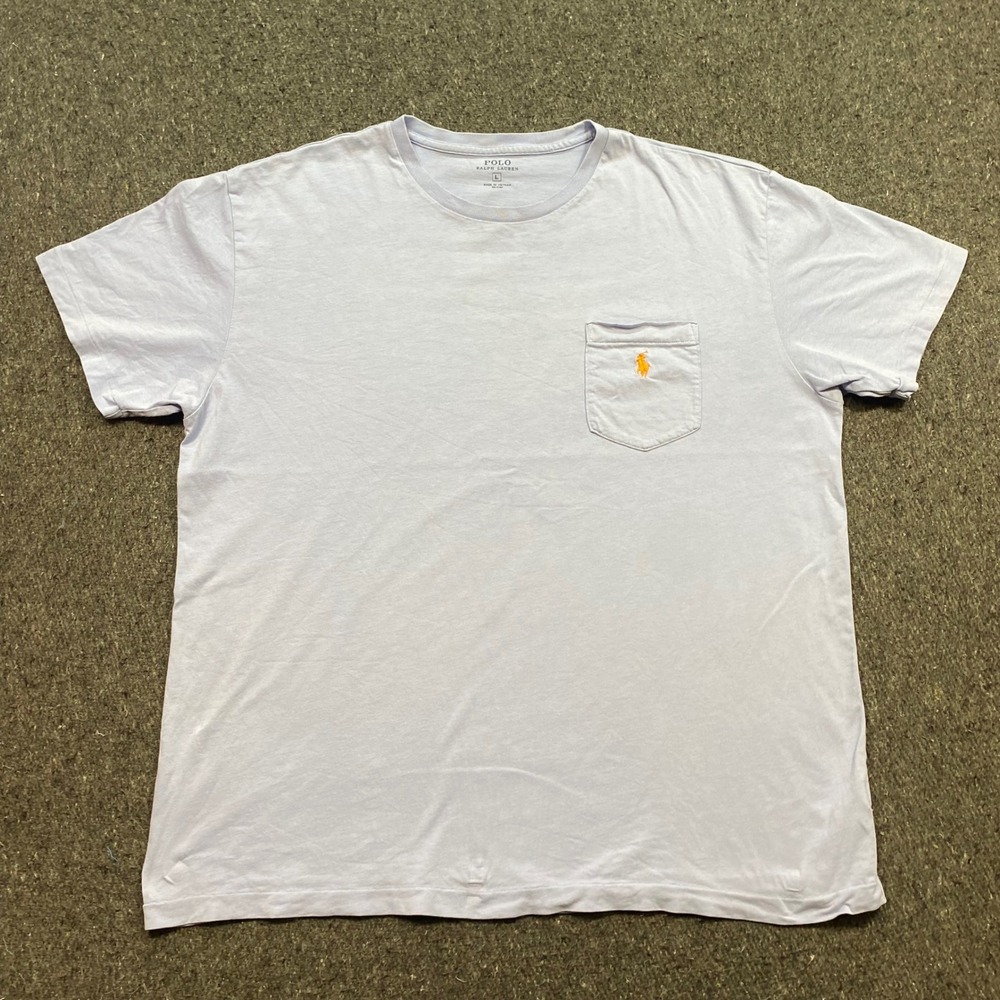 Polo Ralph Lauren TShirt Sz L Mens Blue Preppy Orange Pony Pocket Crew Neck Tee